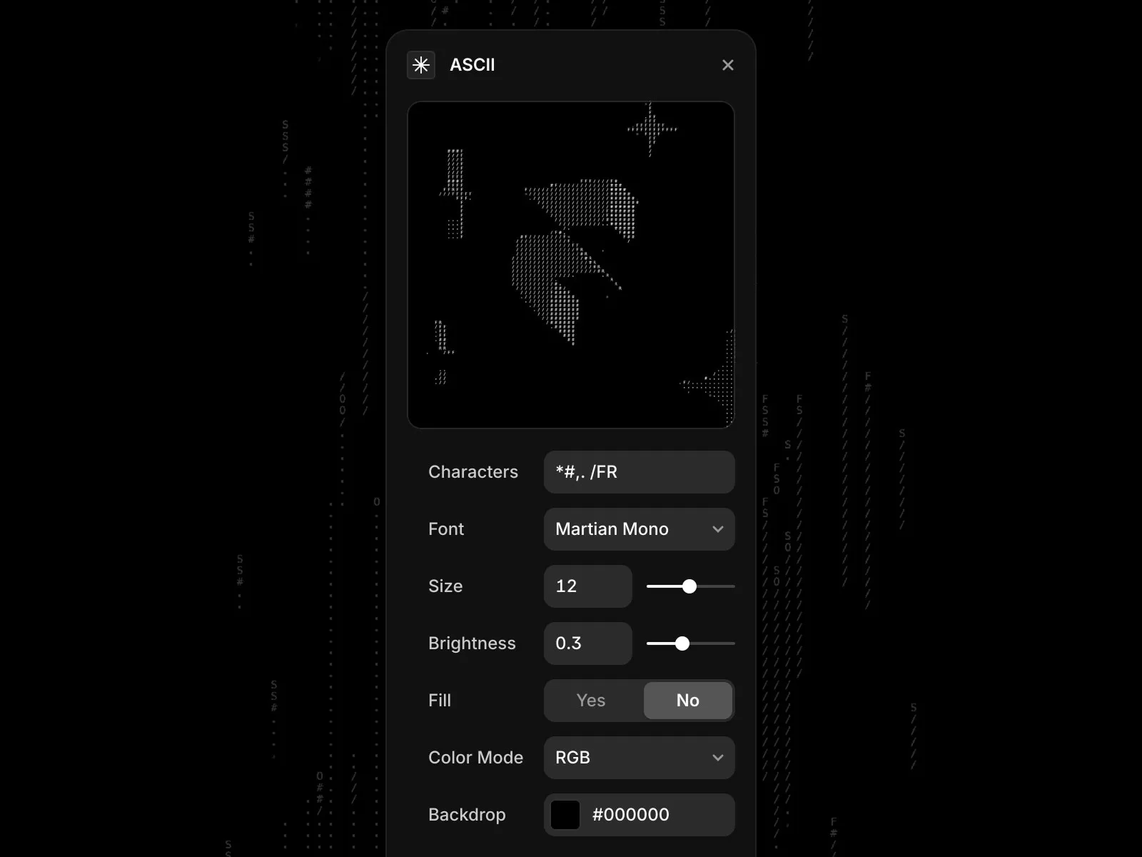 ASCII art interface with font and brightness settings on a dark background.