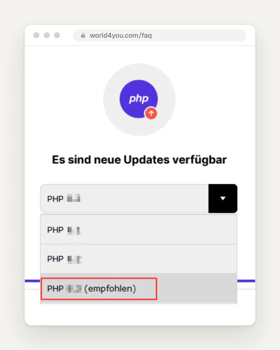 World4You Customer Portal: "New updates are available" notification with recommended PHP version