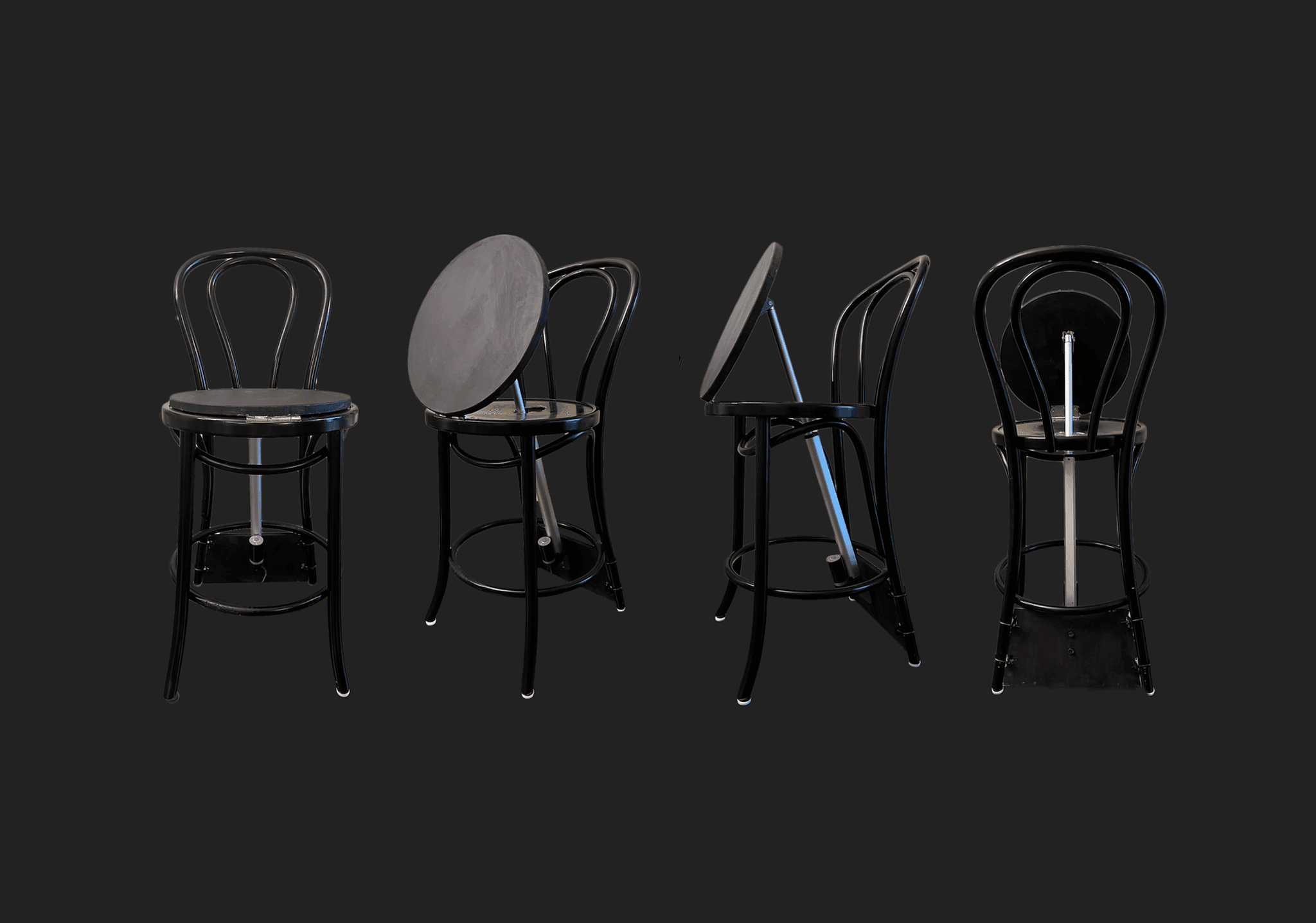 Bar Chair against a black backhground four times. Each chair is angled differently. The first chair has a flat seat. The subsequent chairs have a seat that is tilted upward.