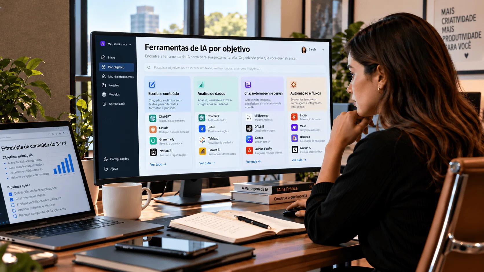 Profissional utilizando ferramentas de inteligência artificial em um escritório moderno, com painel em português que organiza soluções de IA por objetivo, incluindo criação de conteúdo, análise de dados, geração de imagens e automação de tarefas no trabalho.