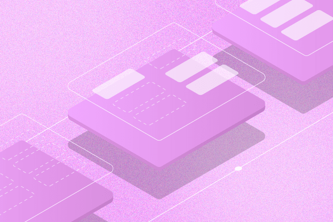 an isometric view of floating tiles with line overlays to represent ui elements