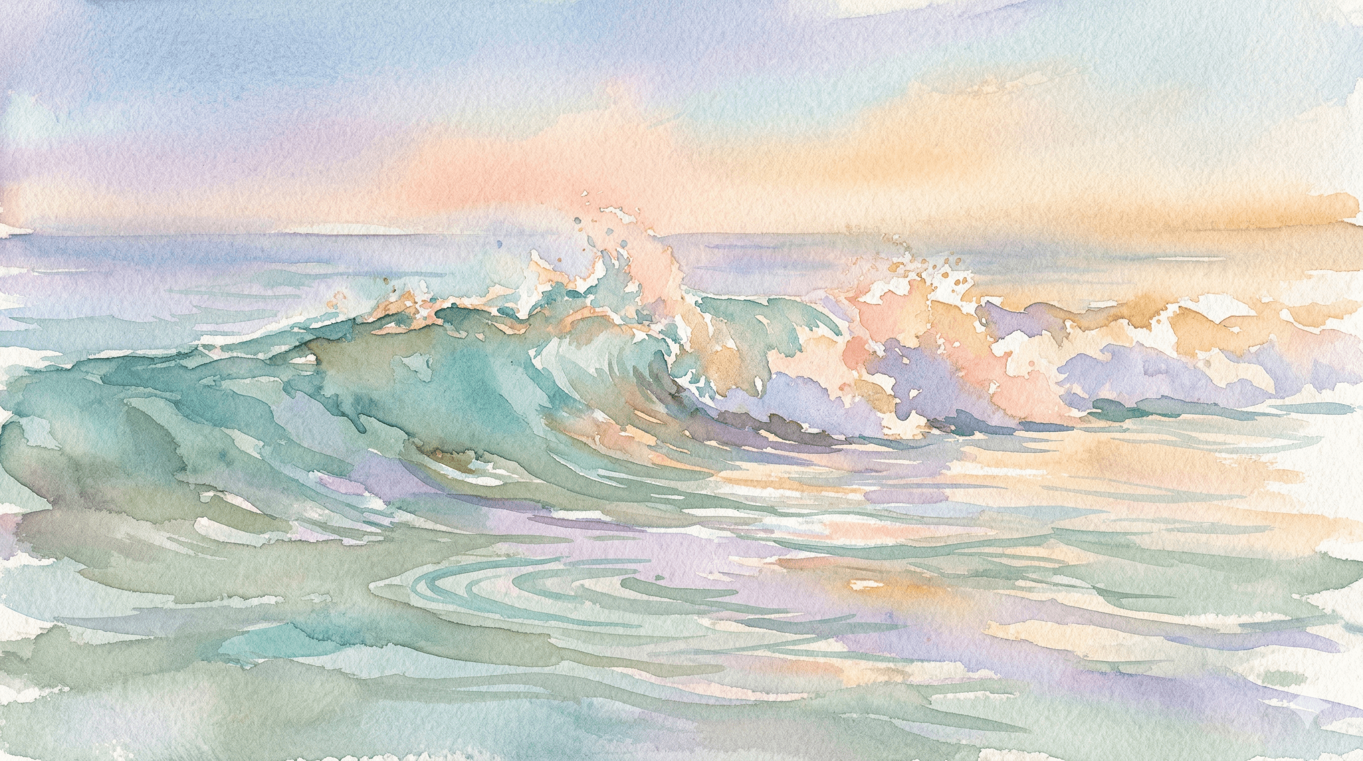 Watercolor ocean wave at golden hour with pink and turquoise light