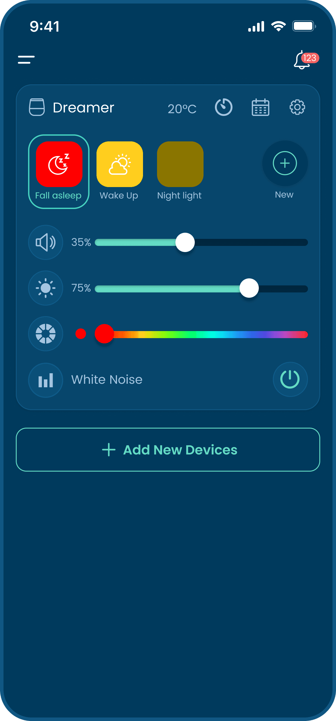 home screen of babysense mobile app with sound and light machine paired