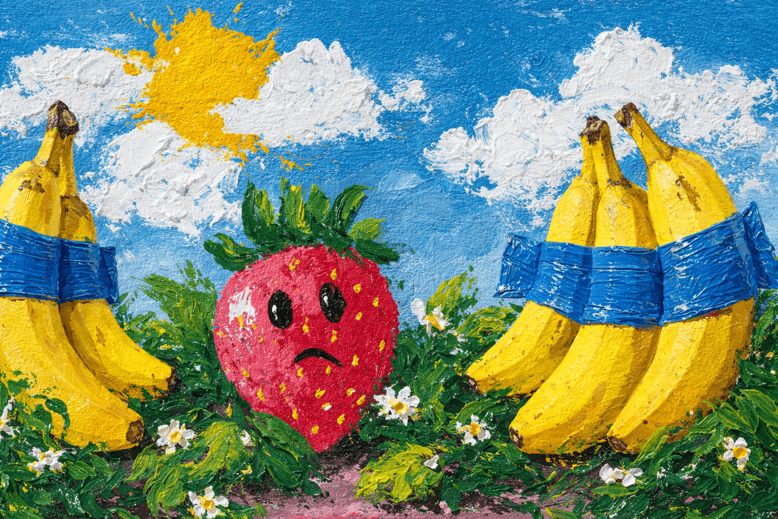 A drawing of a sad looking strawberry next to bananas in a sunny scene