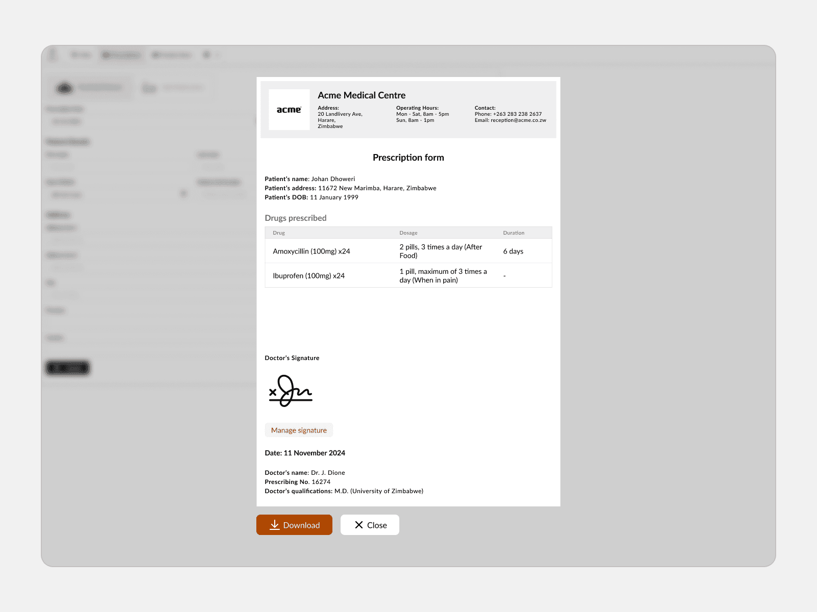 A screenshot of the print preview of a prescription.