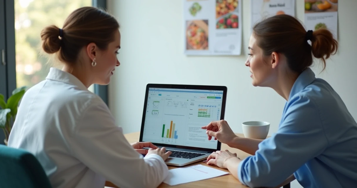 Consulta entre nutricionista e paciente com prontuário digital aberto 