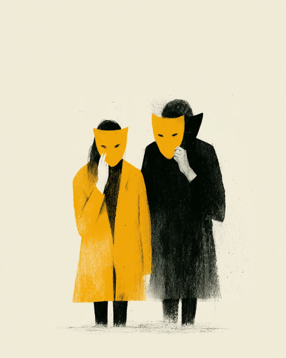 Illustration von zwei Personen mit gelben Masken und Mänteln. Kunst und Konzept.