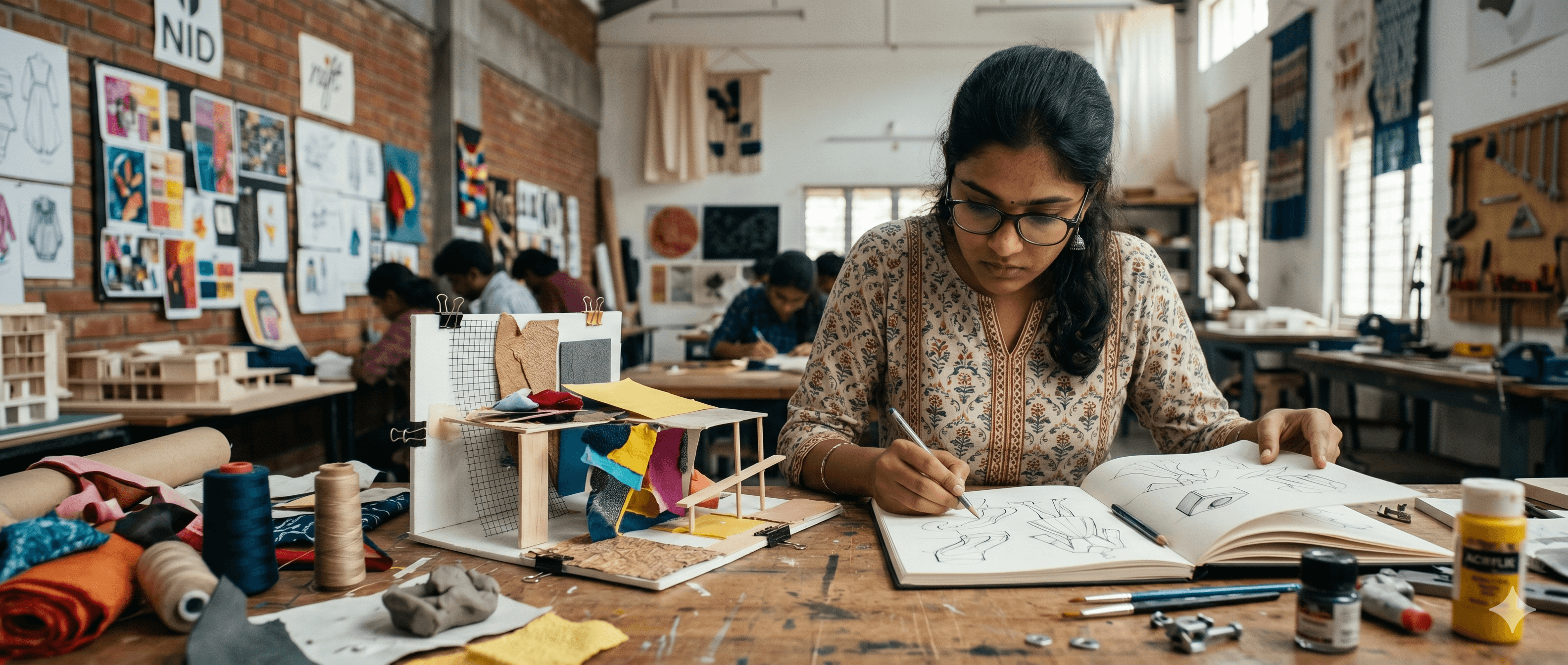 Student demonstrating creative thinking and hands-on skills during a B.Design Studio Test for NID/NIFT admissions.