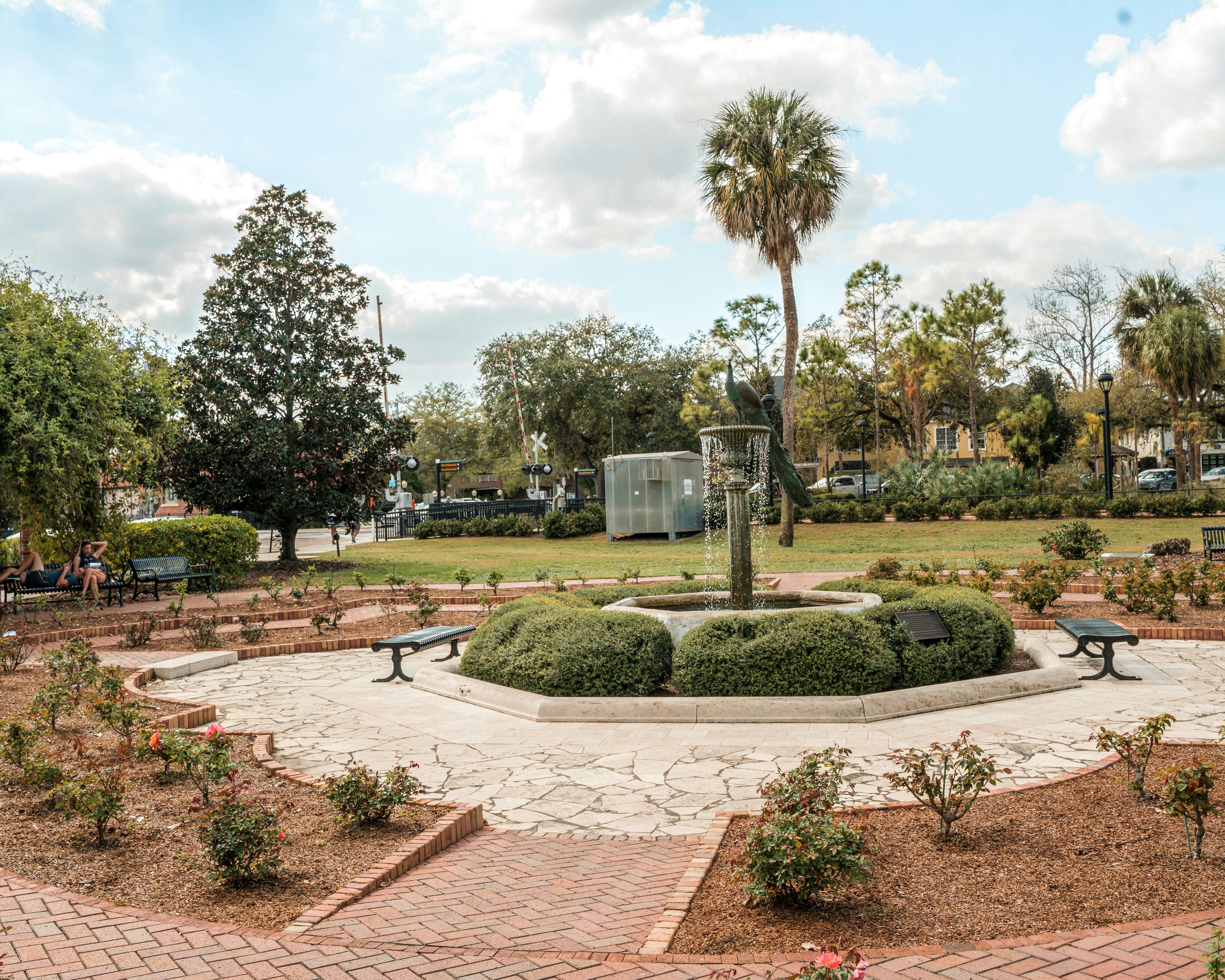 a park with benches, a fountain and a palm tree