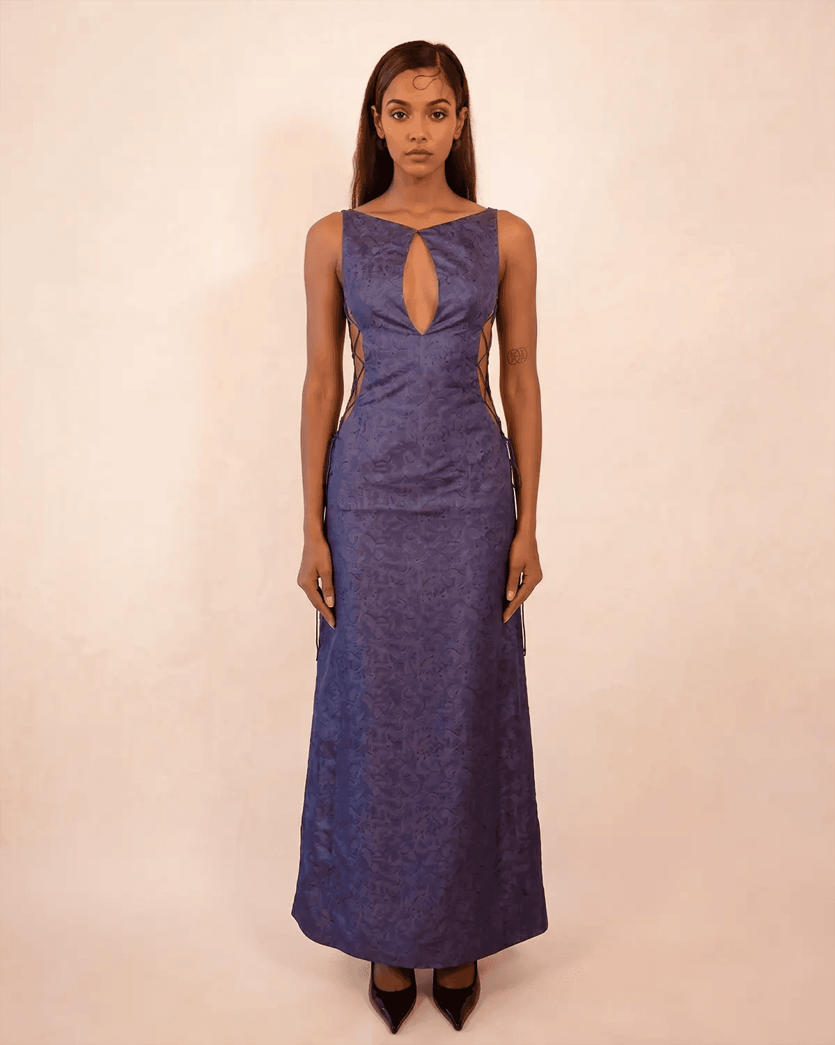 Purple printed silk evening gown with teardrop neckline