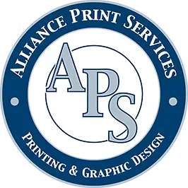 The logo image features the text "Alliance Print Services" and "APS" prominently displayed in blue and yellow, encircled by a blue border with the words "Printing & Graphic Design," conveying a professional branding for a company in Bradenton, FL.