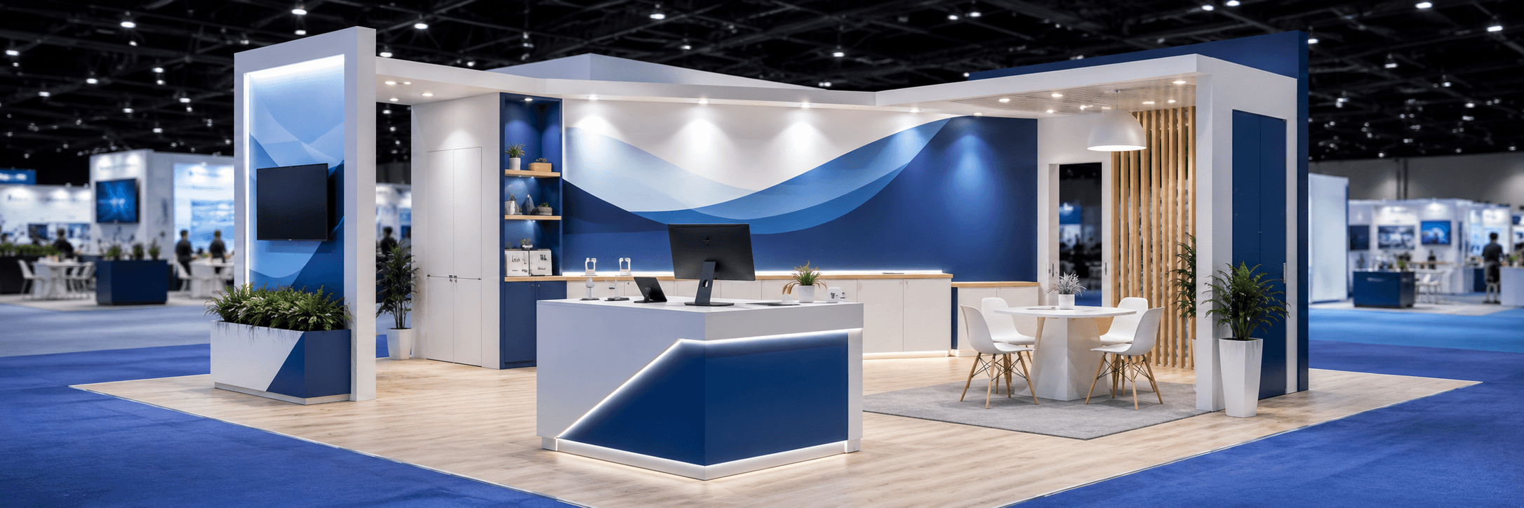 20x20 trade show booth design with product demo counter, meeting area, branded graphics, hidden storage, visitor flow, and product display layout
