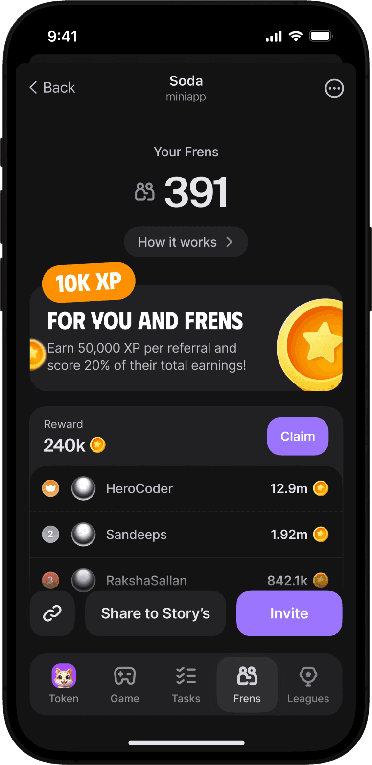 Mobile app screen showing user XP at 393,298, rank 175 out of 239,923, with the ability to invite friends and see the leaderboard of all users