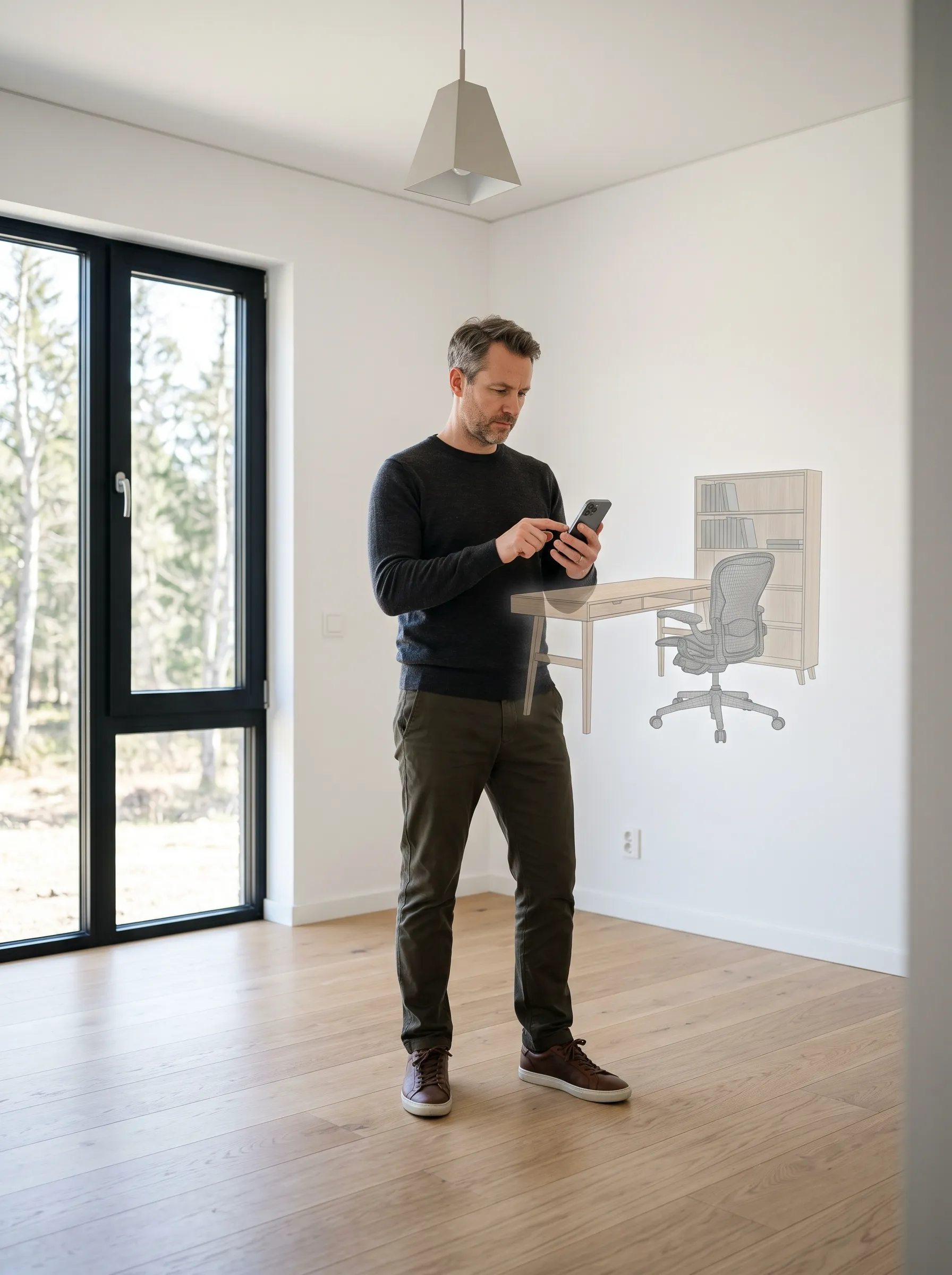 Smartphone augmented-reality preview of a furnished living room