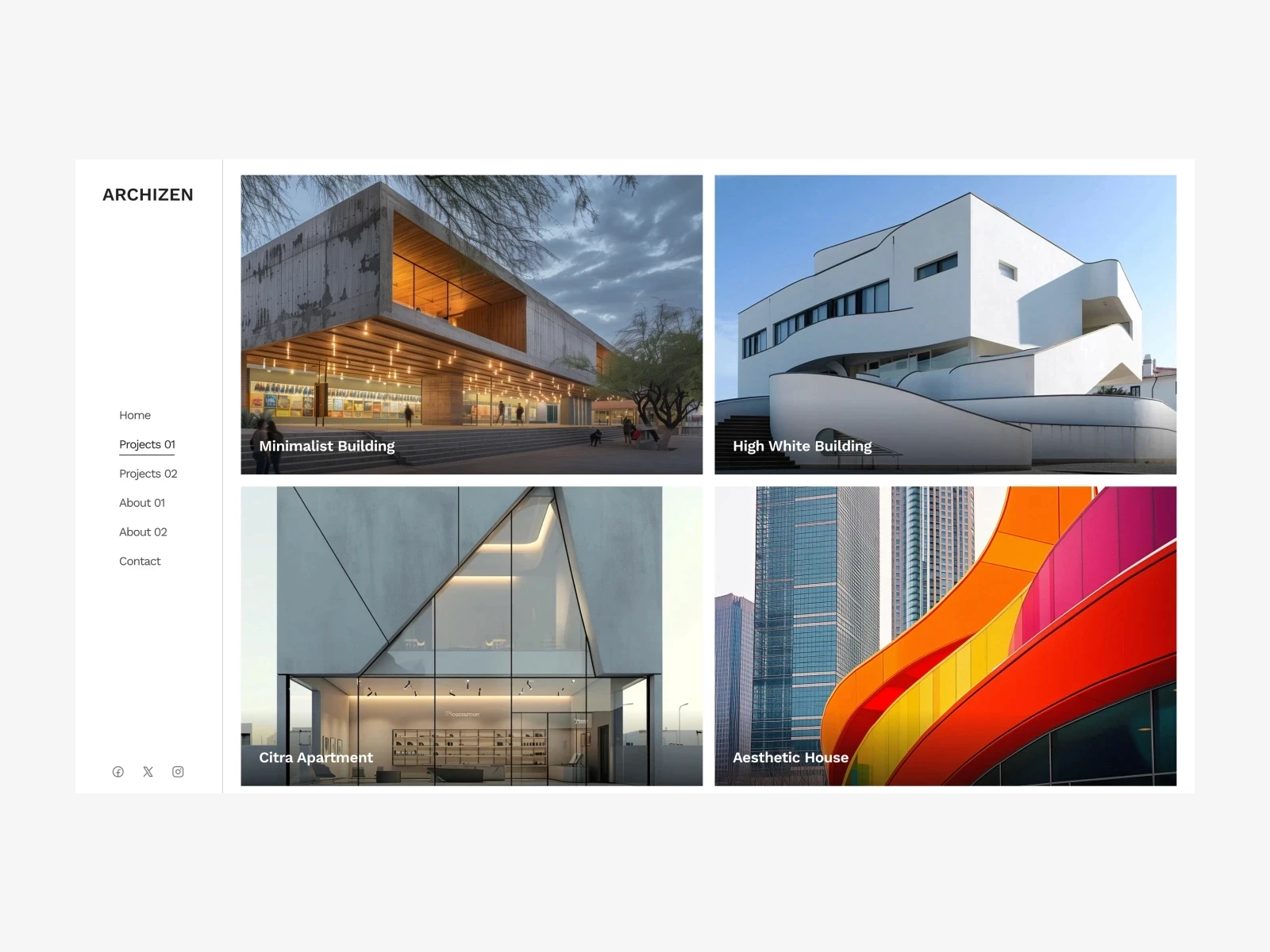 Archizen minimalist architecture website template with a grid of four building projects and a left sidebar navigation menu.