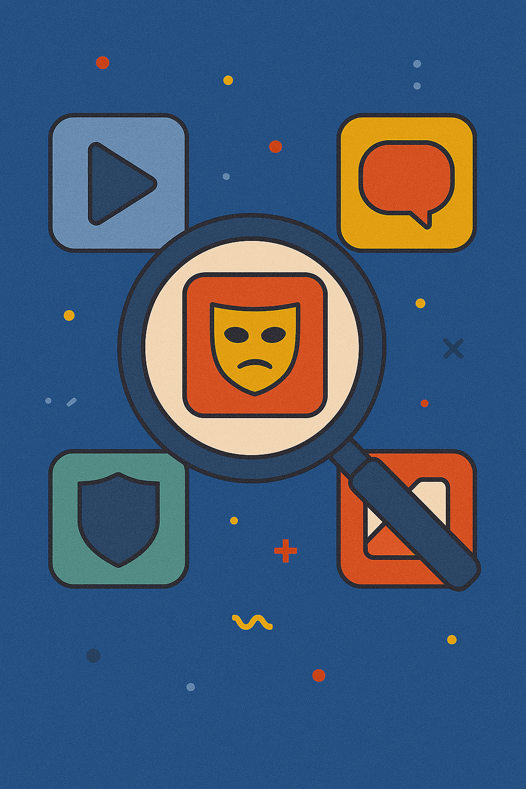 Ilustração de uma lupa destacando o ícone de uma máscara de espião, simbolizando ameaça ou aplicativo malicioso. Ao redor, outros ícones coloridos de apps, como escudo, mensagem, vídeo e e-mail, sobre fundo azul.