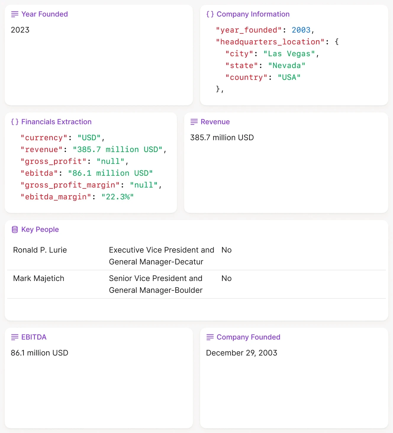 Dashboard-style grid showing extracted company information fields, including year founded, headquarters location in Las Vegas, Nevada, revenue figures, EBITDA values, and key personnel titles. Panels display both structured JSON outputs and human-readable summaries.