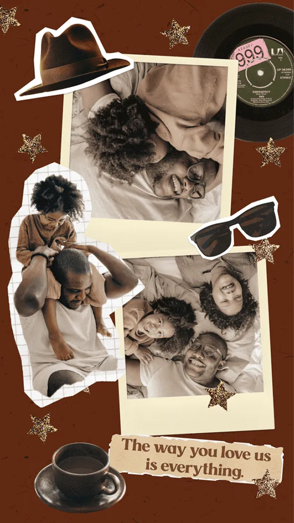 Vintage sepia Father's Day card template with a fedora, sunglasses, vinyl record, and 'The way you love us is everything.'
