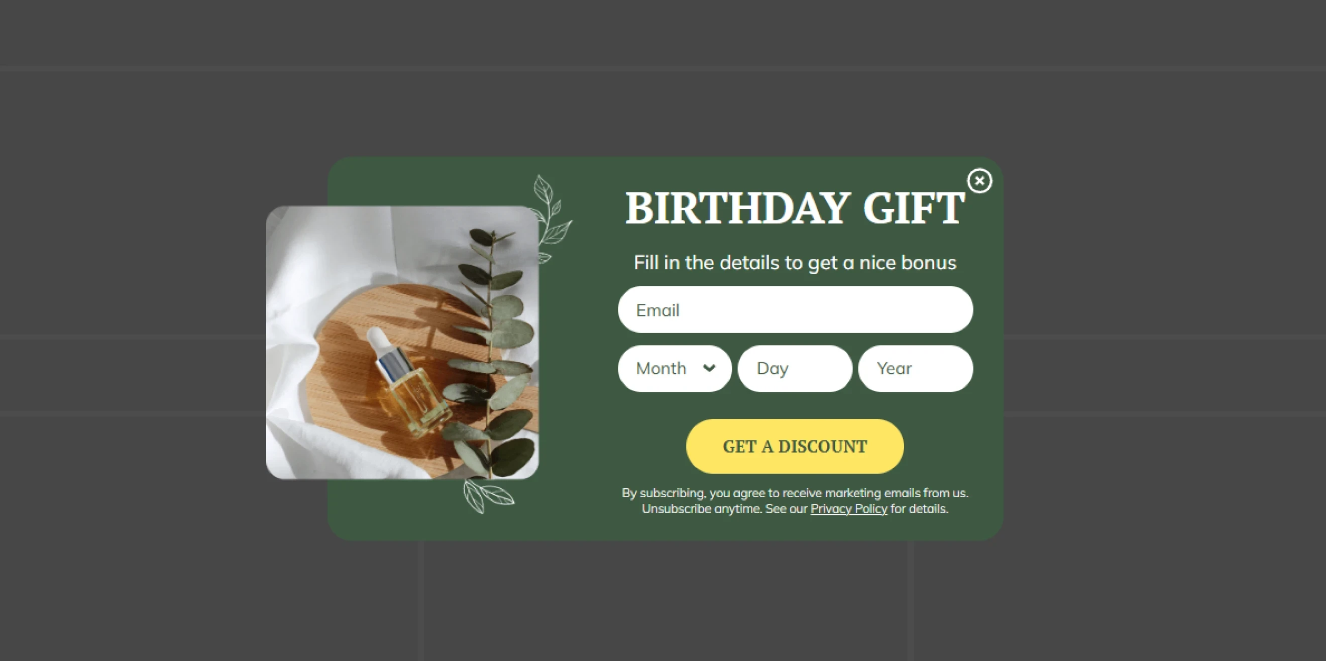 Claspo popup template to collect email and birthday to enrich customer profile