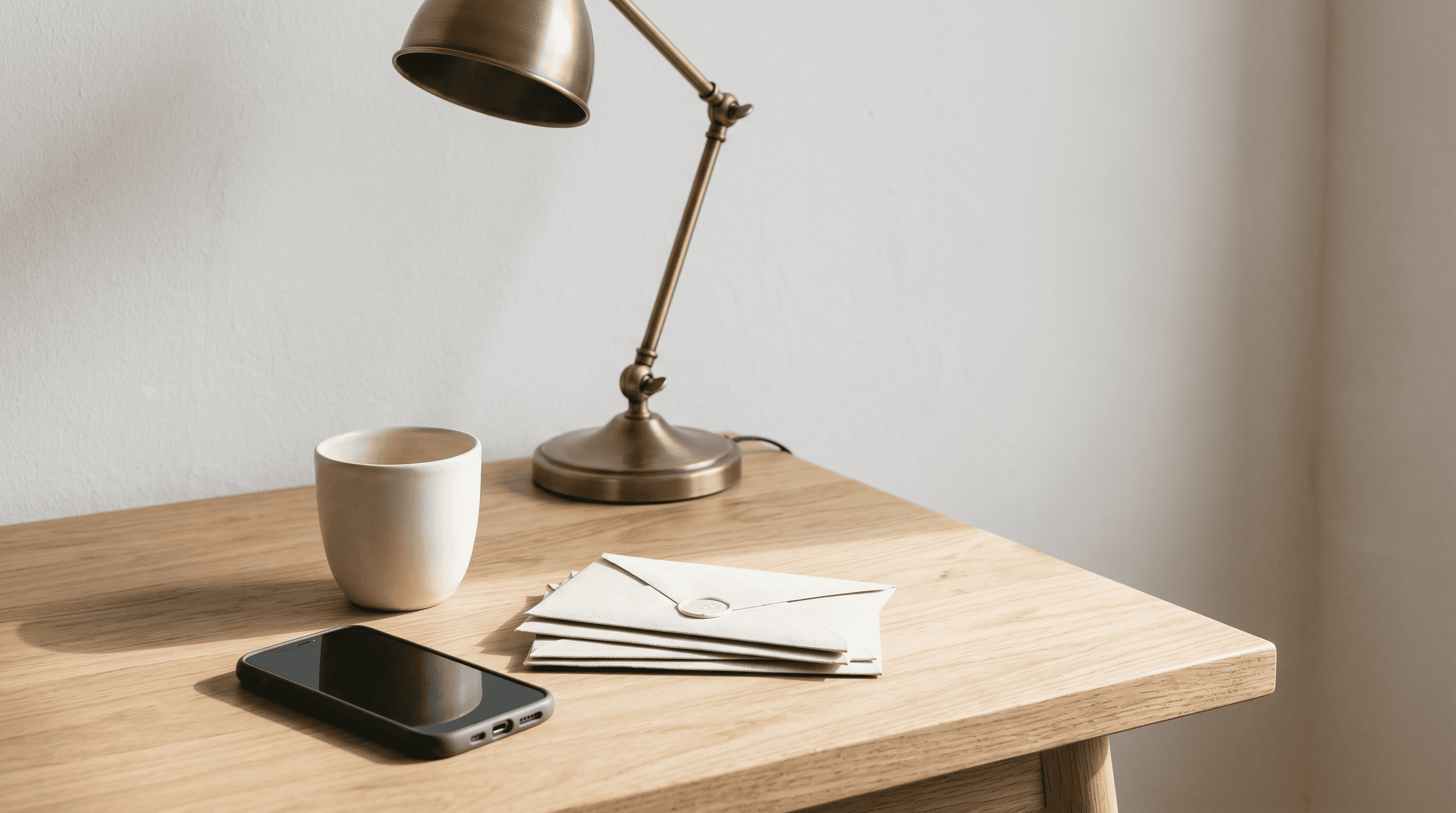 Phone face down beside closed envelopes and a quiet desk lamp