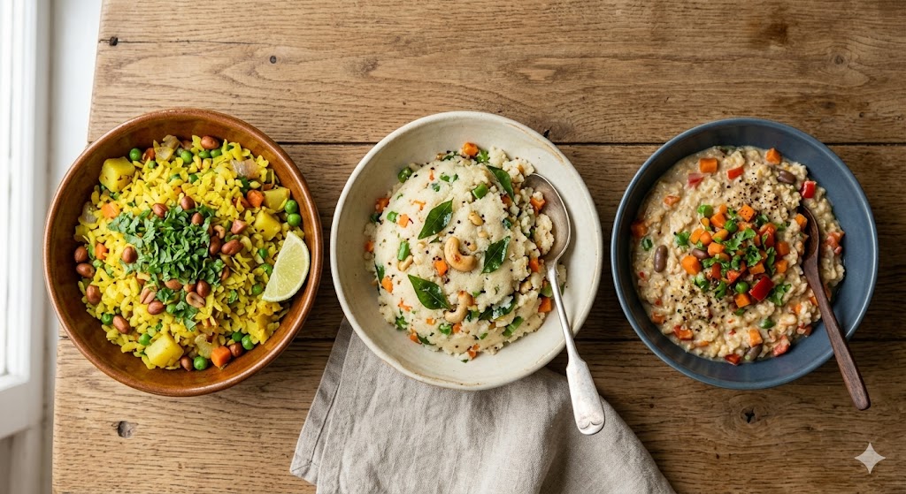 An overhead photograph of three different bowls of Indian breakfast food sitting side-by-side on a rustic wooden table. From left to right: a brown bowl filled with yellow vegetable poha garnished with peanuts and coriander; a light-colored bowl of fluffy suji upma with visible vegetables and cashews; and a dark blue bowl containing savory oats with mixed vegetables. There is a lime wedge next to the poha and spoons in the other two bowls. Natural daylight illuminates the scene.