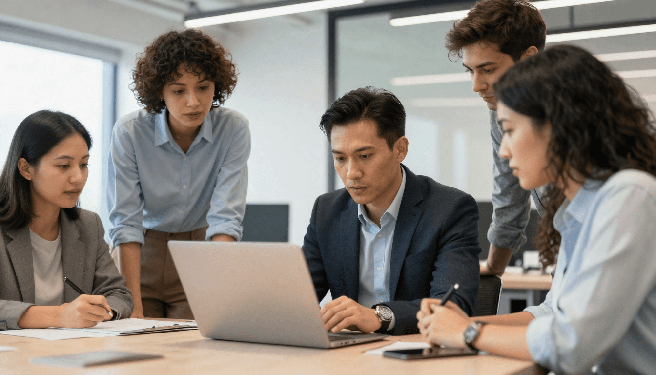 A recruiter reviewing AI-generated candidate insights on a laptop, blending human judgment with technology