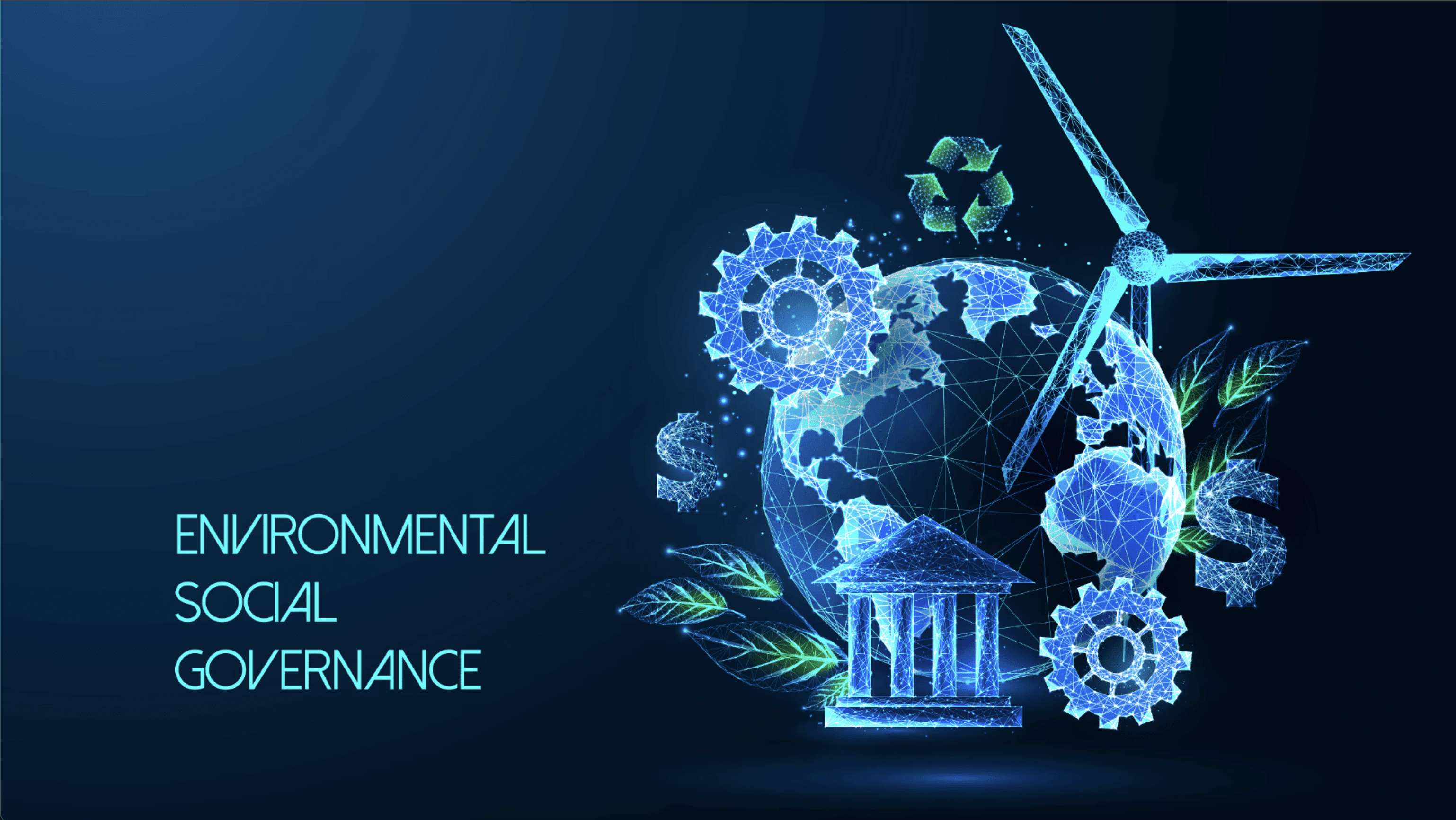 A digital illustration depicting "Environmental Social Governance" with symbolic elements including a globe, leaves, gears, a wind turbine, and currency signs, representing sustainable development and financial stewardship.