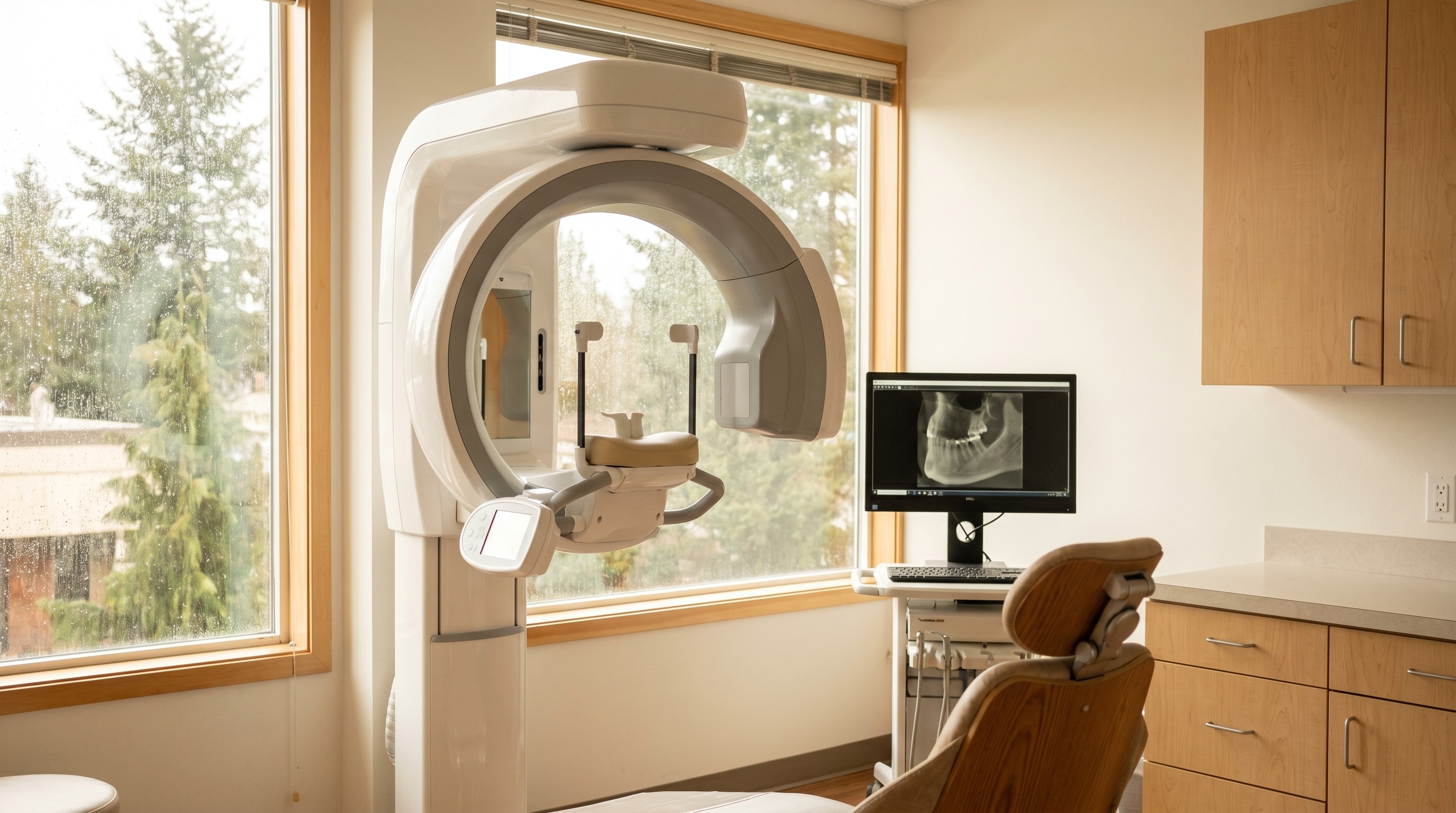 Cone-beam CT scanner in a modern dental office used to evaluate jawbone for implant candidacy