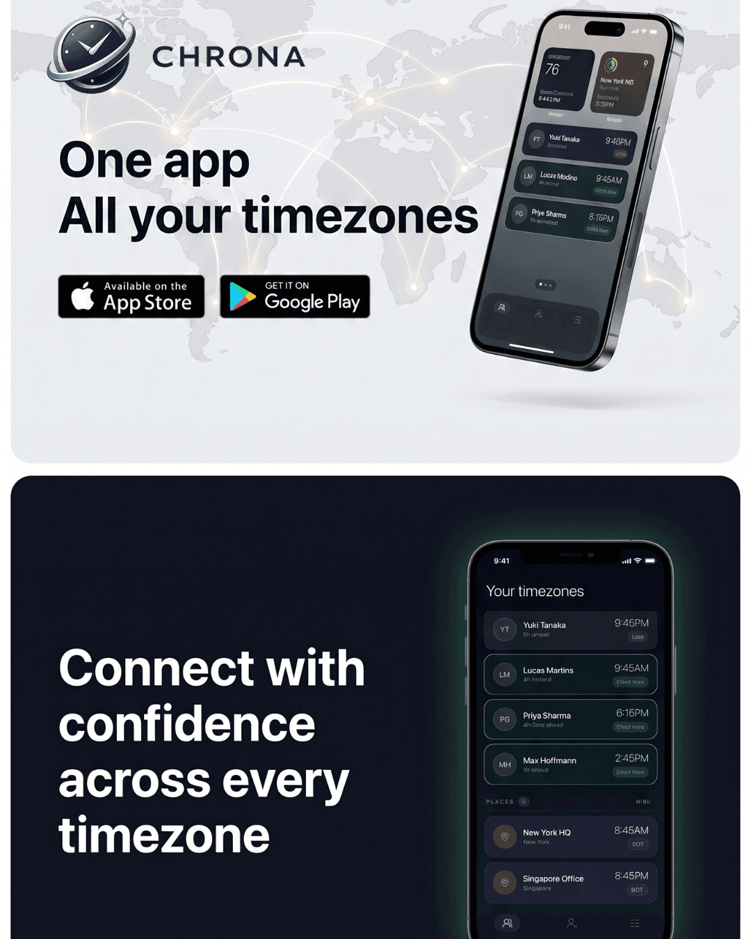 Chrona global timezone app promotion with smartphone interface and worldwide connection features.