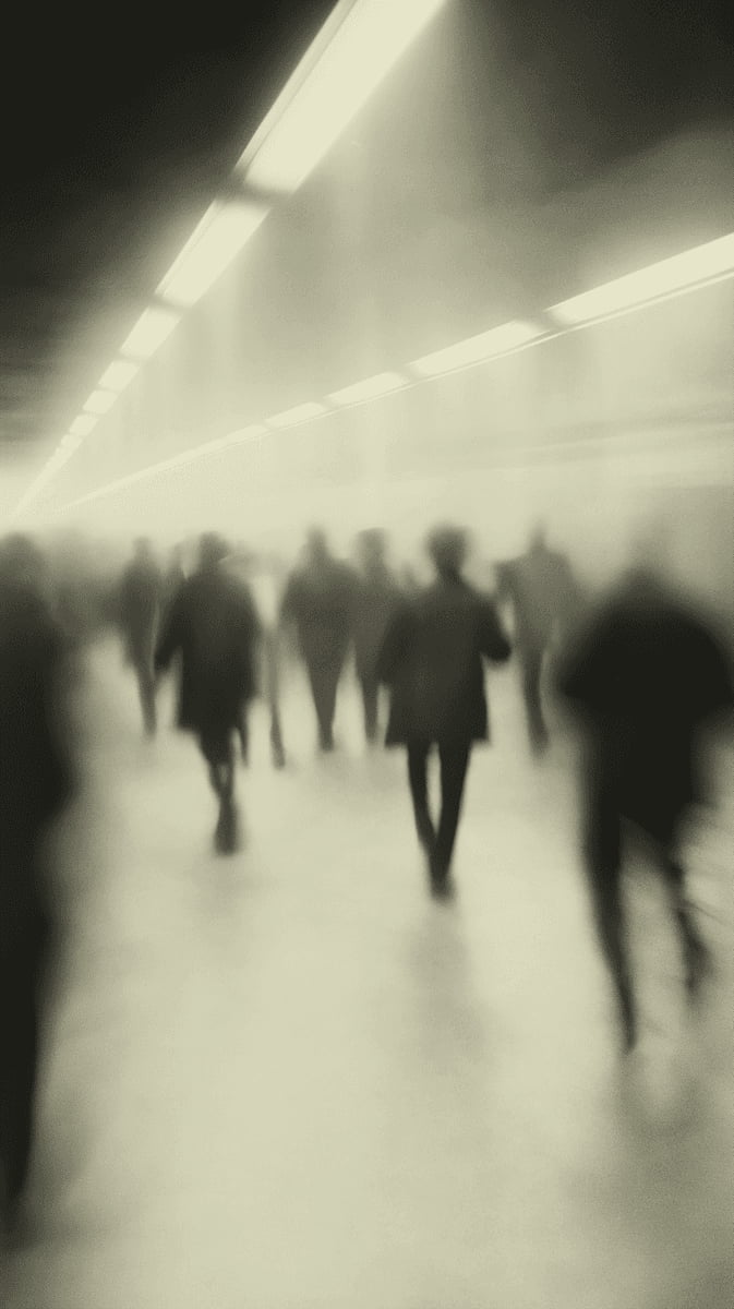 a blur image of some people walking on a iluminated tunnel