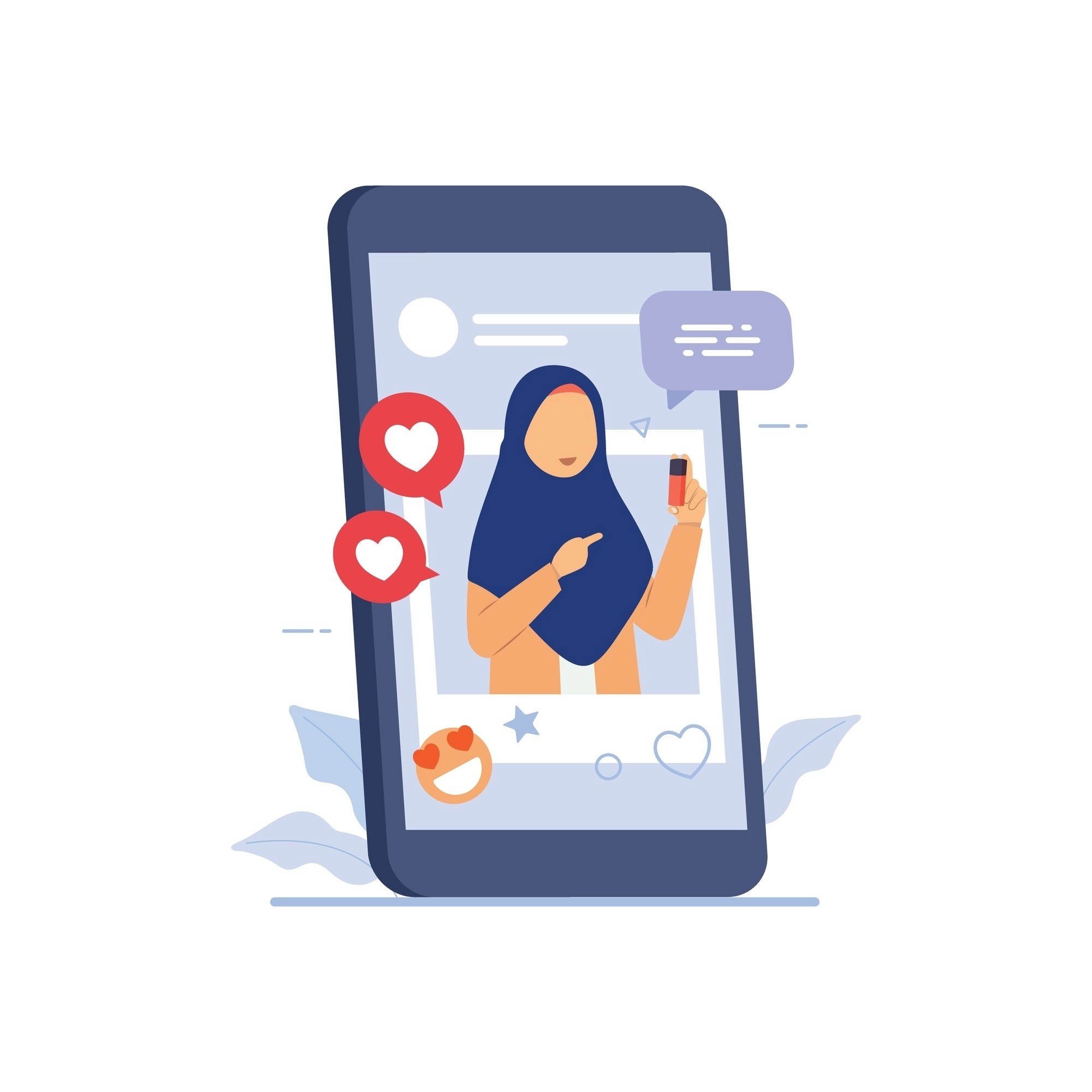 Illustration of a social media influencer promoting a product on a smartphone screen with likes and comments icons.