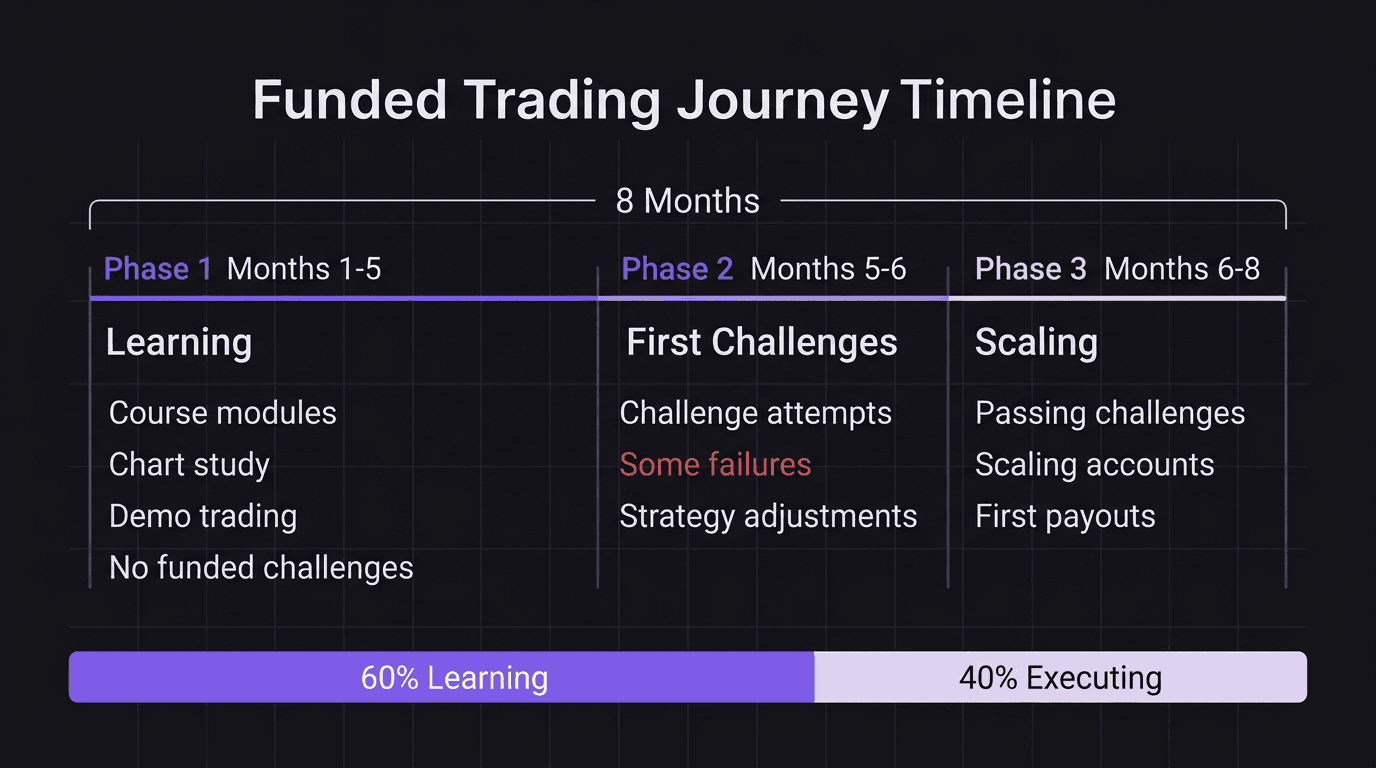Timeline diagram showing the three phases of getting funded as a trader over 8 months