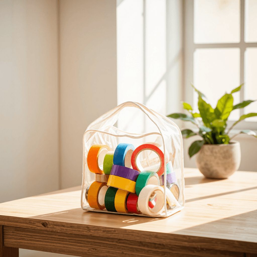 product photography of a transparent mesh storage bag containing various tape rolls