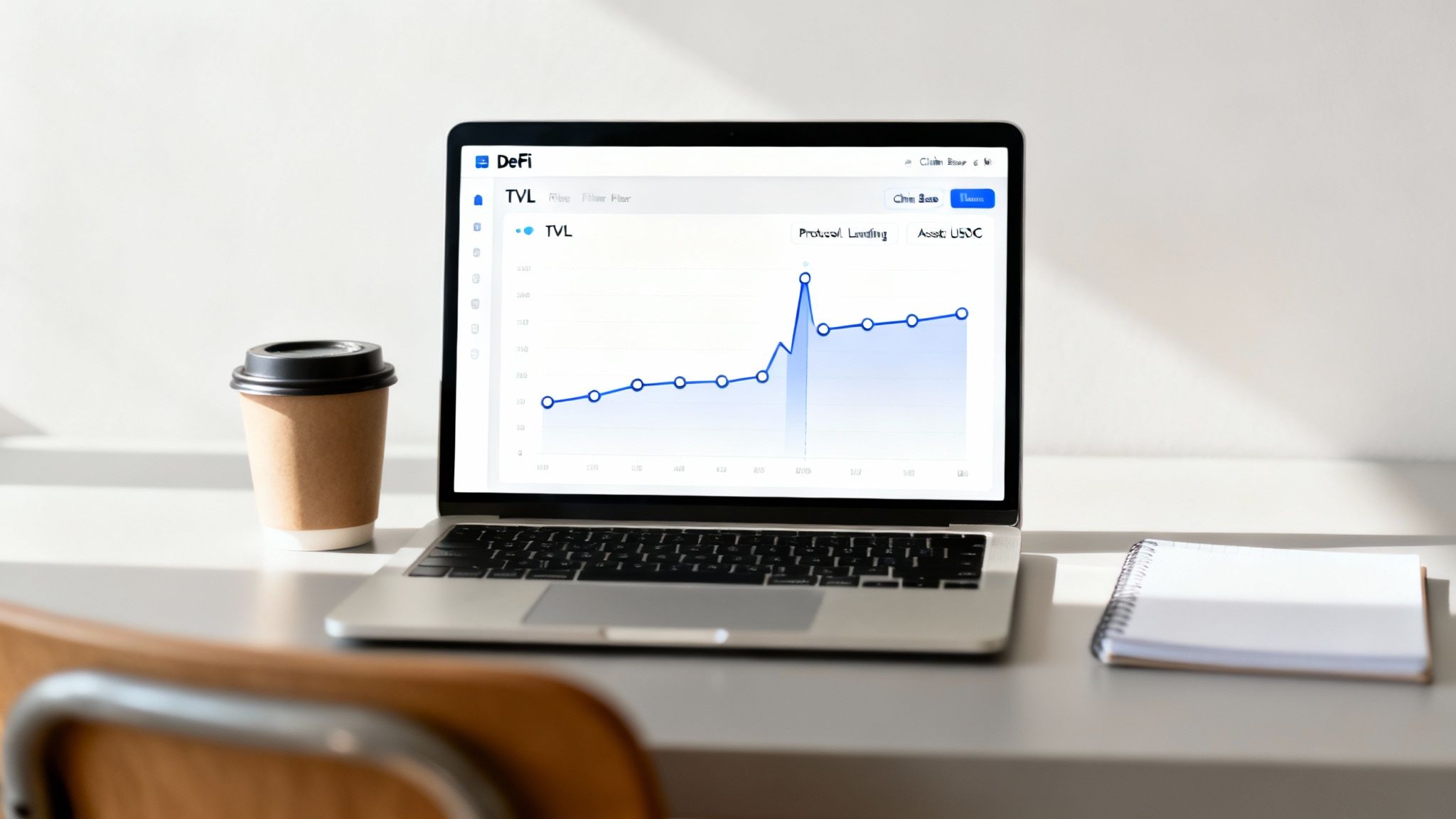 A laptop on a desk displays a DeFi TVL chart, alongside a coffee cup and notebook.