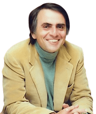 Astronomer and astrophysicist Carl Sagan is shown smiling warmly, wearing a beige blazer over a light green turtleneck sweater. Known for his work in popularizing science and his contributions to planetary research, Sagan’s friendly expression reflects his approachable demeanor and passion for science communication.