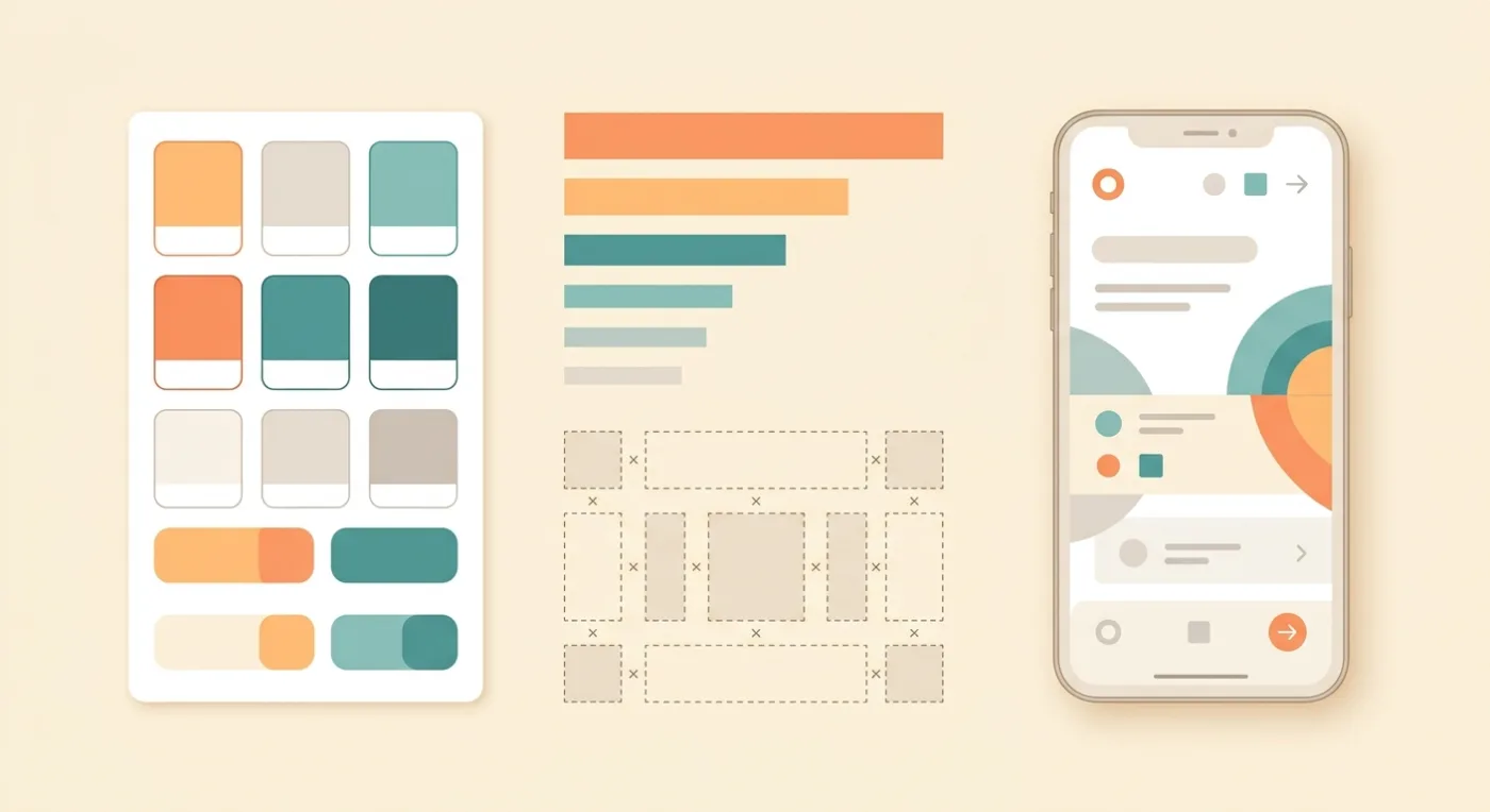 Design system prompt for vibe coding shown as a color palette, type scale, and spacing grid beside a phone mockup
