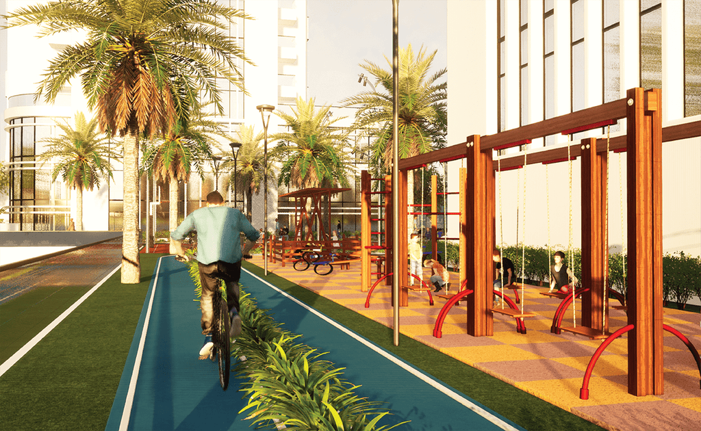 A cyclist pedals along a path beside a building, featuring the Cloud Tower of Dubai in the background.