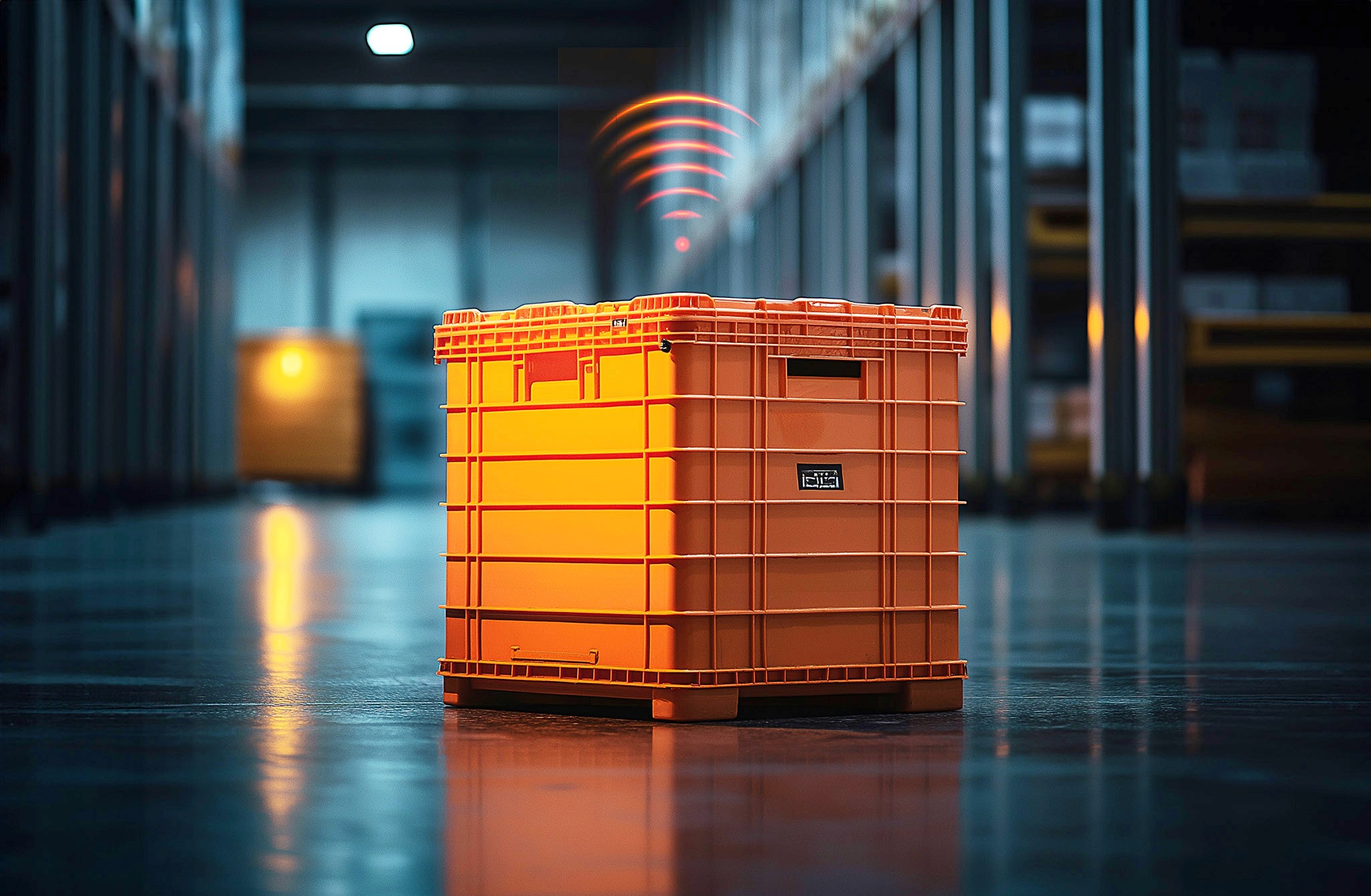 An orange crate in the middle of a warehouse with an orange Wi-Fi sign above it.