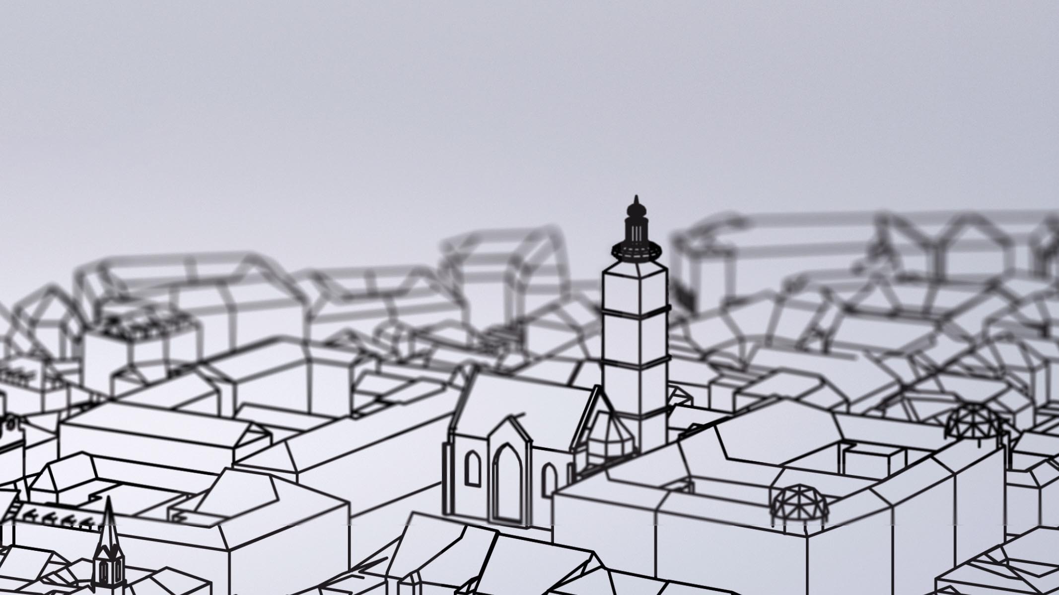 A 3D model of a town stylized to look like a pencil sketch with a church tower in the centre and on an off-white background 