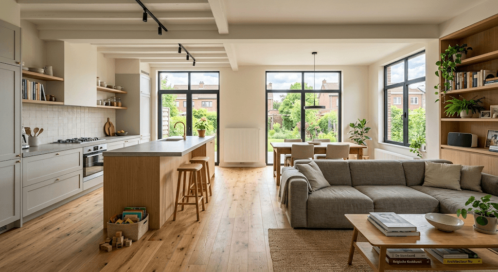 Pièce de vie transformée après rénovation générale avec ouverture des espaces.