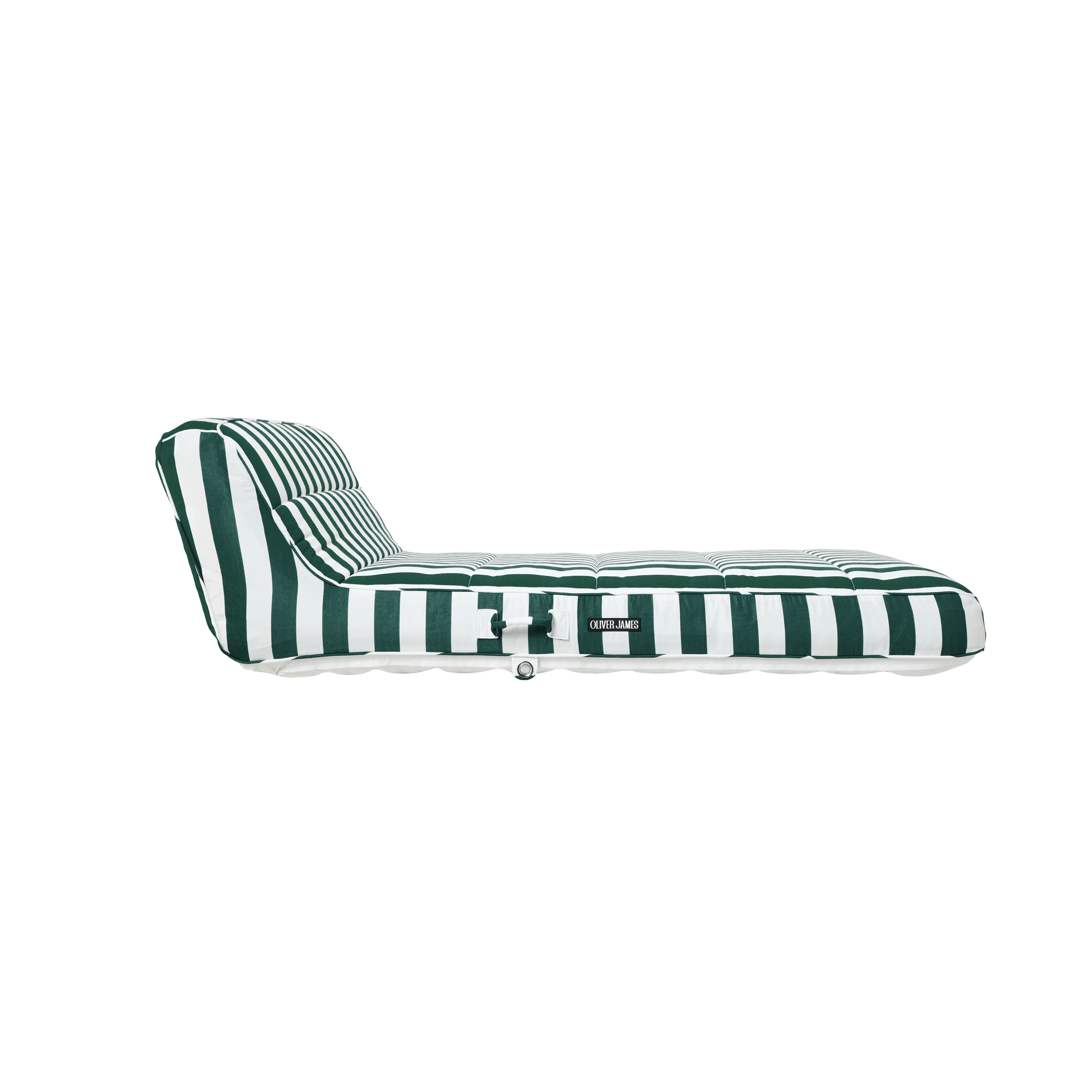 Double pool float showing green-and-white striped canvas panels and white base
