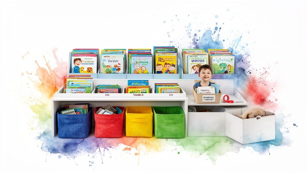 A vibrant children's bookshelf filled with colorful books and storage bins, featuring a smiling child.