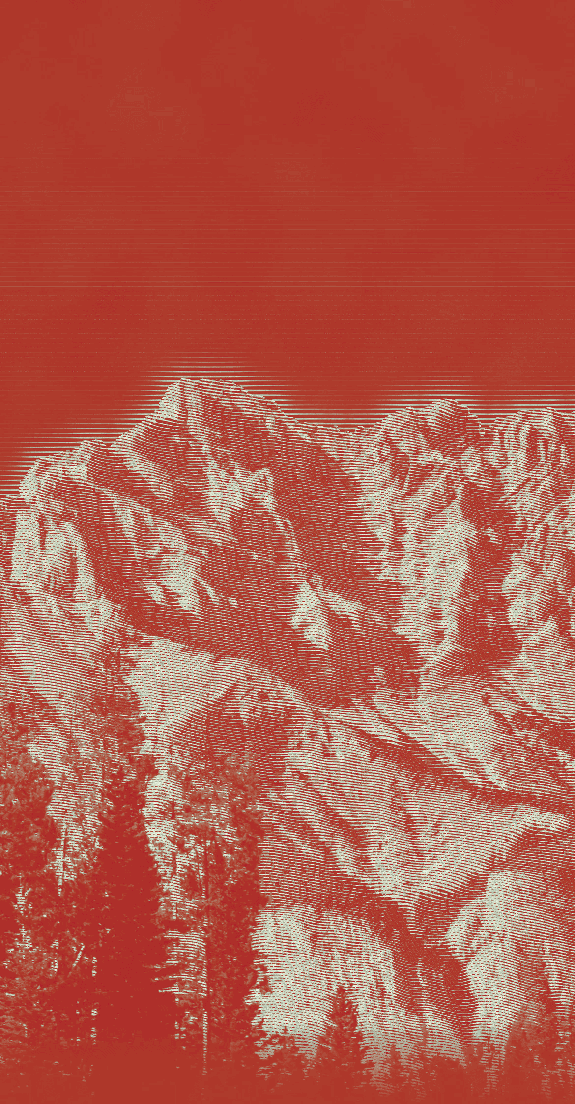 Engraved mountain slopes in cream lines on deep green above a band of real spruce trees