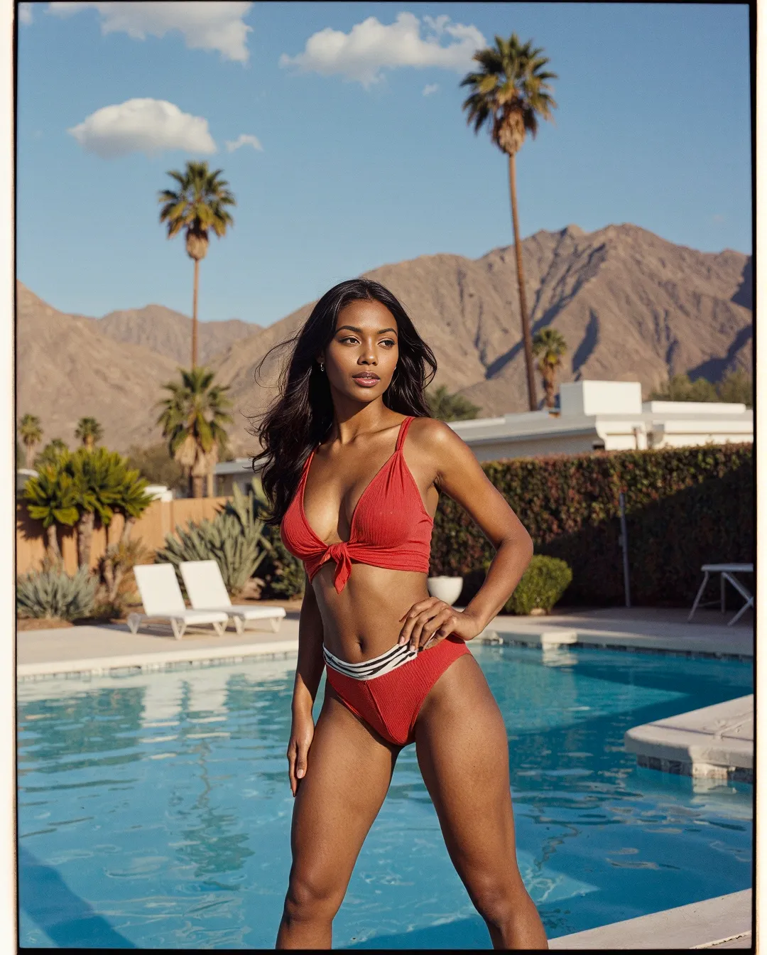 Stylish red swimwear by pool in Palm Springs with desert mountains and palm trees in background, warm golden-hour lighting