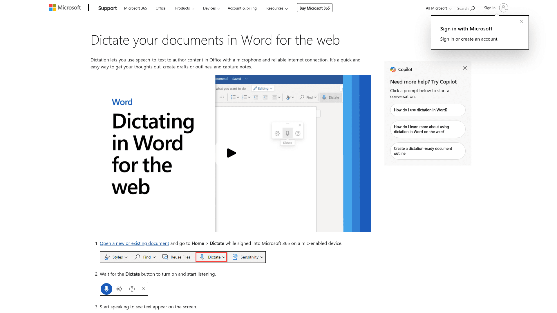 Screenshot of https://support.microsoft.com/en-us/word/dictate-your-documents-in-word-for-the-web