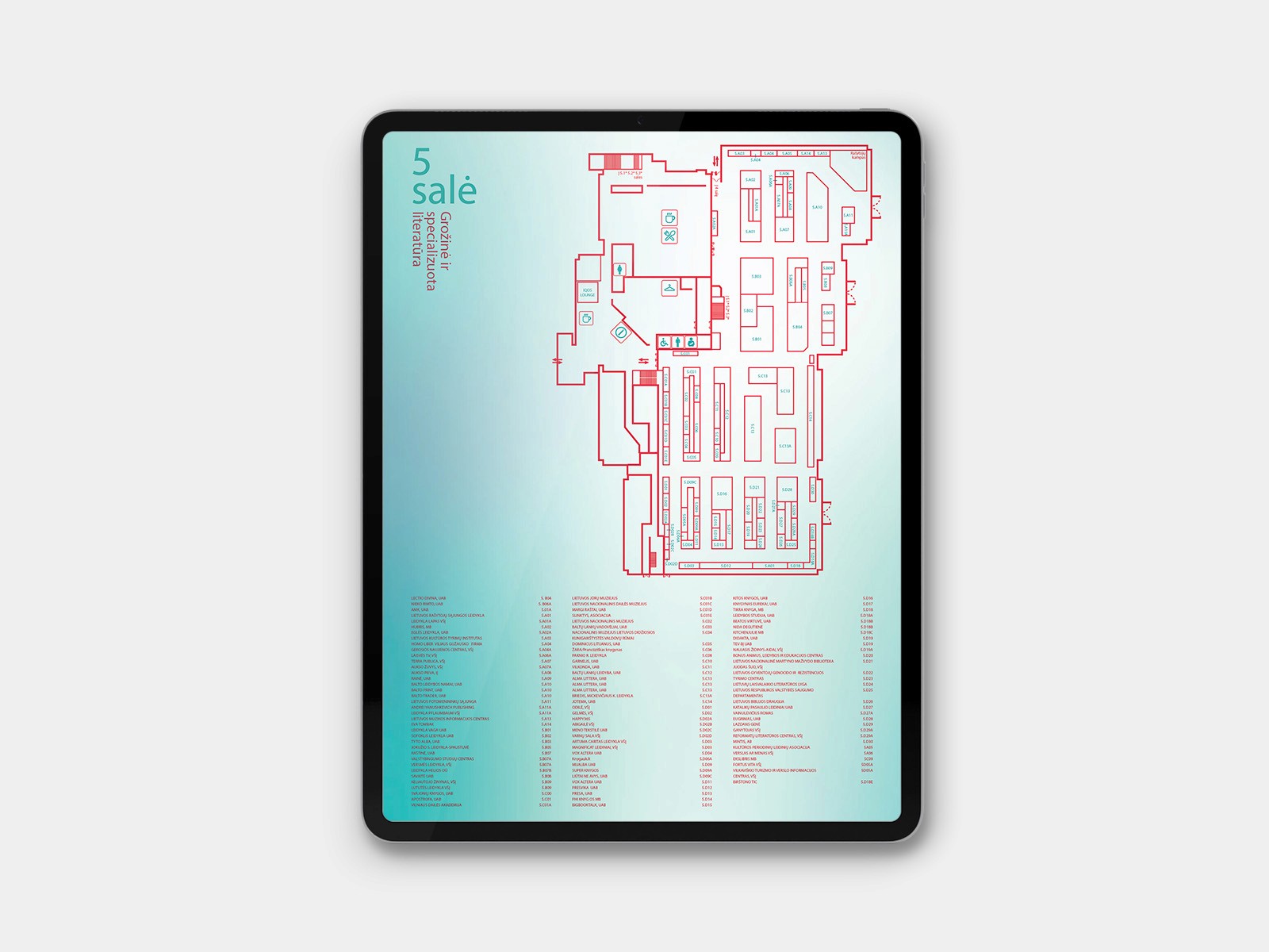(2 of 5) Series of leaflet pages for Vilnius Book Fair 2024 displayed across iPad mockups.