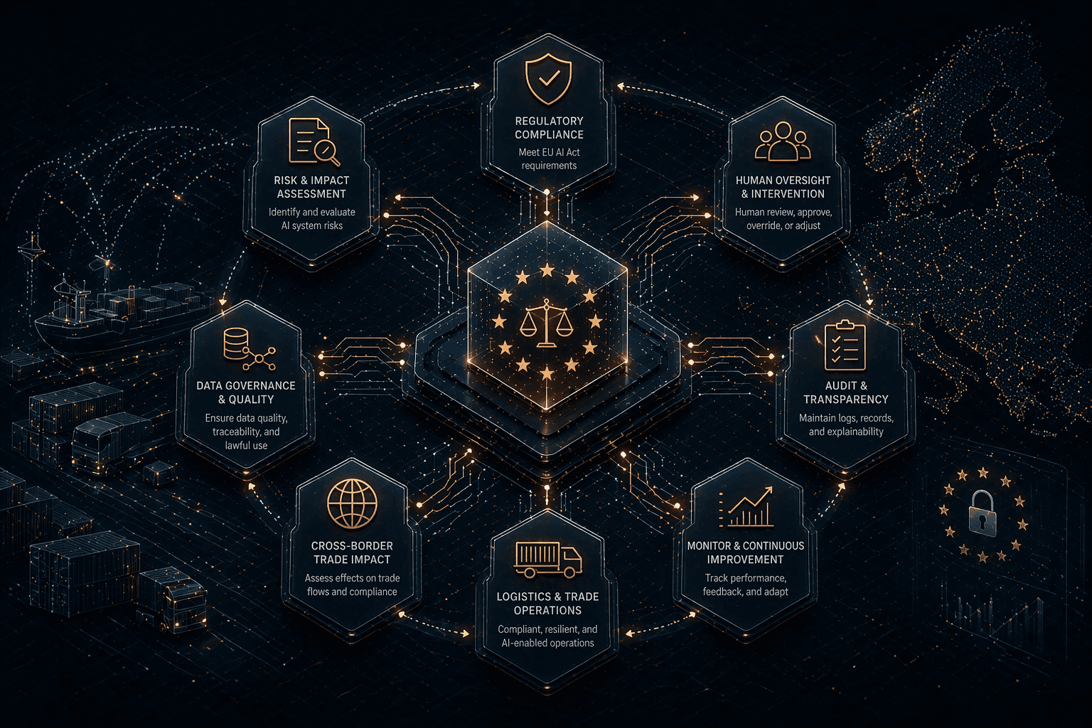 Abstract dark cybernetic governance network with a central EU-focused compliance core connected to surrounding regulatory, audit, human oversight, data quality, trade impact, and logistics nodes, representing AI governance, traceable control, and enterprise trade and logistics execution under regulatory oversight.