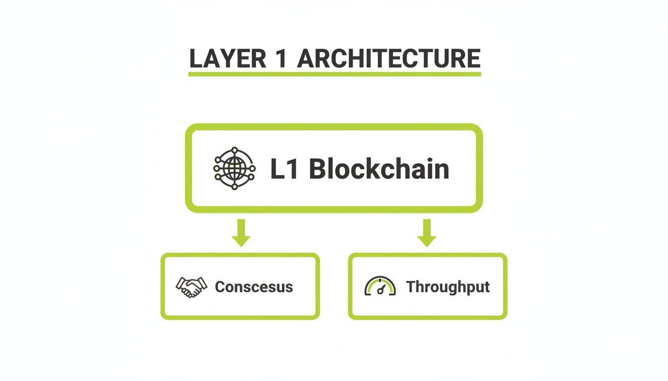 Diagram showing Layer 1 Blockchain architecture, highlighting its essential components: consensus and throughput.
