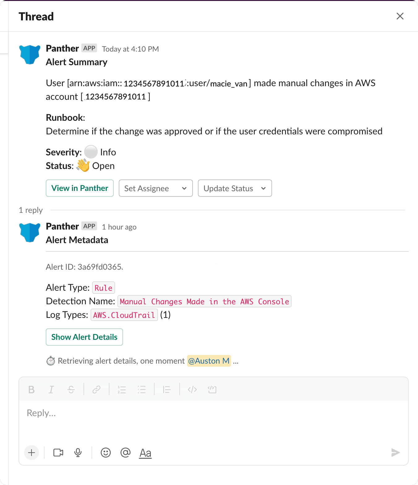 Screenshot of a Slack message from Panther Bot showing an alert triggered by manual AWS changes.