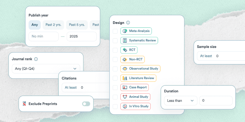 Shot of advanced search filters in the Consensus search engine, including study design, journal rank, sample size, citations, and publication year.